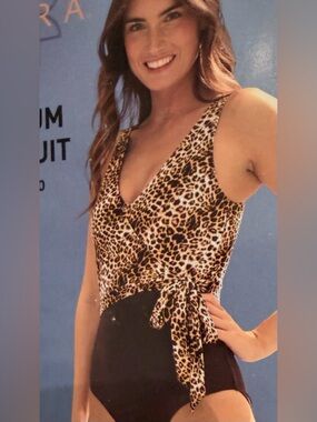 Leopard Print Wrap Front Tank swimsuit - Brown/Black